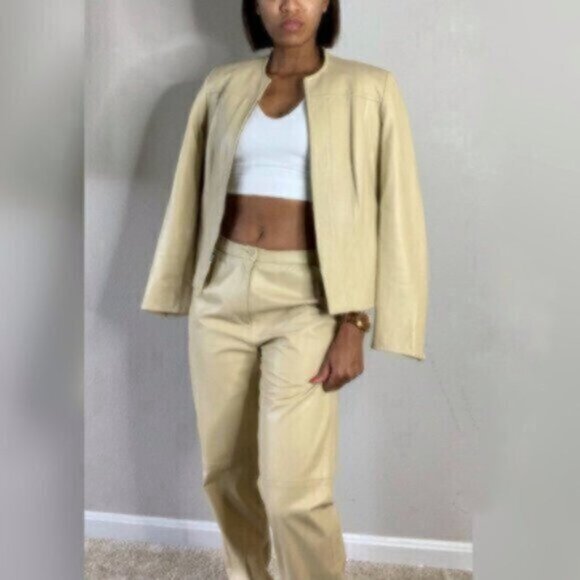 Carlisle 90s Vintage Genuine Leather Two Piece Pants Suit Set - Picture 6 of 13